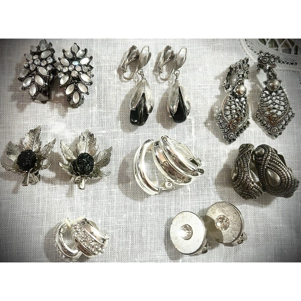 8 Pair Vintage Clip-On Earring Lot Rhinestone Statement Silver Tone Black Glass